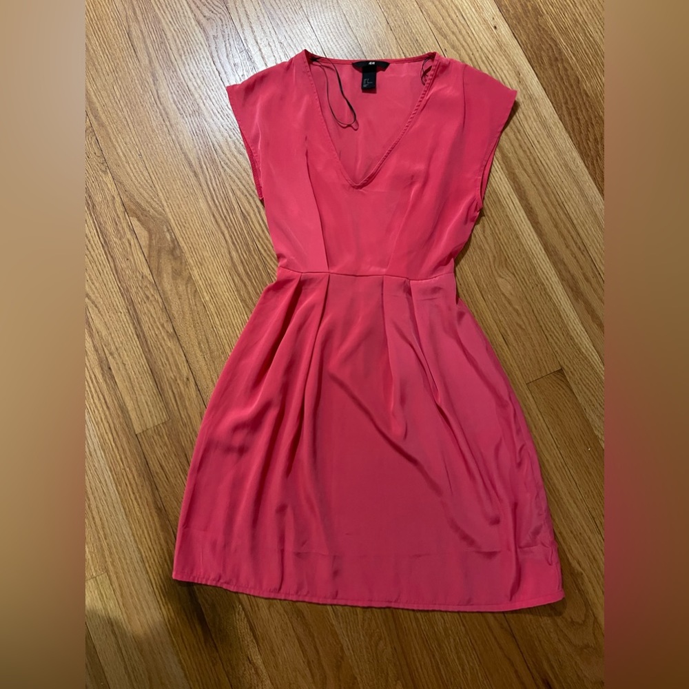 H&M Pink Silky dress with v neck size 2